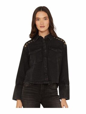 Washed Black Denim Button-Up Jacket/Shirt with Gold Coin Detail